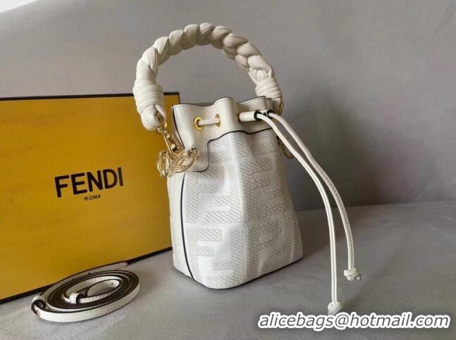 Top Grade Fendi Mon Tresor FF Canvas Mini Bucket Bag with Braided Strap F15064 White 2023