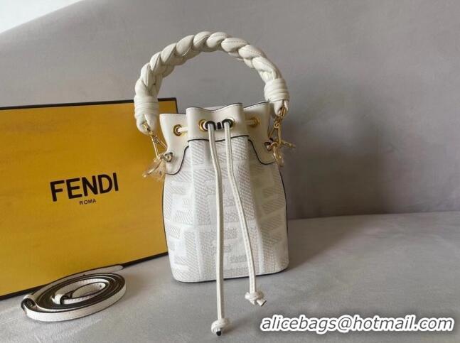 Top Grade Fendi Mon Tresor FF Canvas Mini Bucket Bag with Braided Strap F15064 White 2023