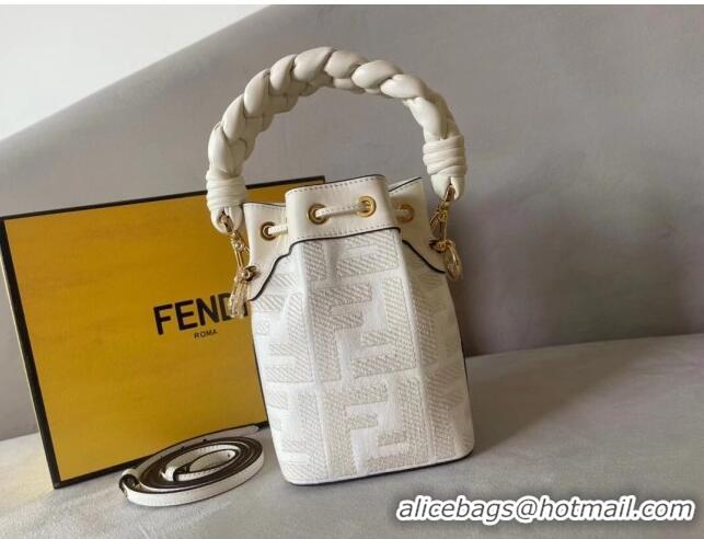 Top Grade Fendi Mon Tresor FF Canvas Mini Bucket Bag with Braided Strap F15064 White 2023