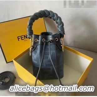 Inexpensive Fendi Mon Tresor FF Canvas Mini Bucket Bag with Braided Strap F15064 Dark Blue 2023