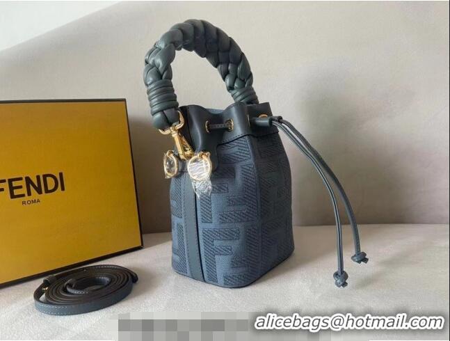 Inexpensive Fendi Mon Tresor FF Canvas Mini Bucket Bag with Braided Strap F15064 Dark Blue 2023