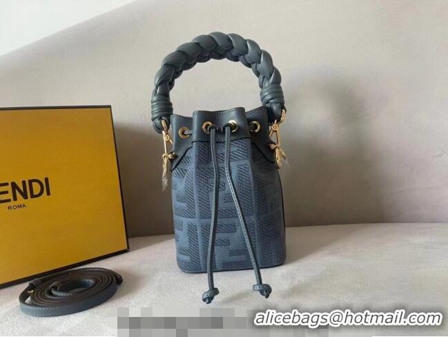 Inexpensive Fendi Mon Tresor FF Canvas Mini Bucket Bag with Braided Strap F15064 Dark Blue 2023