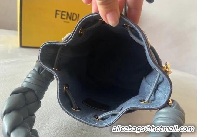 Inexpensive Fendi Mon Tresor FF Canvas Mini Bucket Bag with Braided Strap F15064 Dark Blue 2023