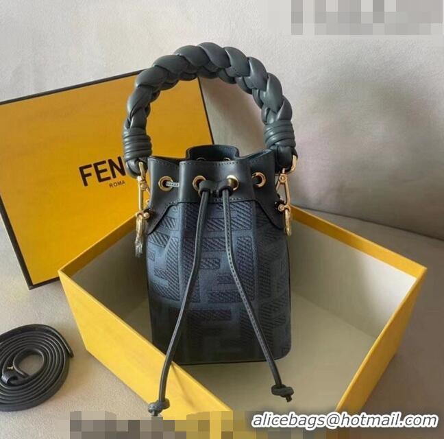 Inexpensive Fendi Mon Tresor FF Canvas Mini Bucket Bag with Braided Strap F15064 Dark Blue 2023