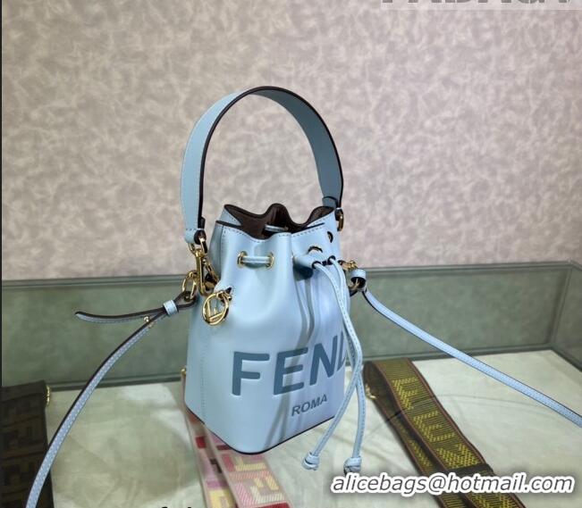 Best Price Fendi Mon Tresor Leather Mini Bucket Bag with FENDI ROMA F15064 Light Blue 2023