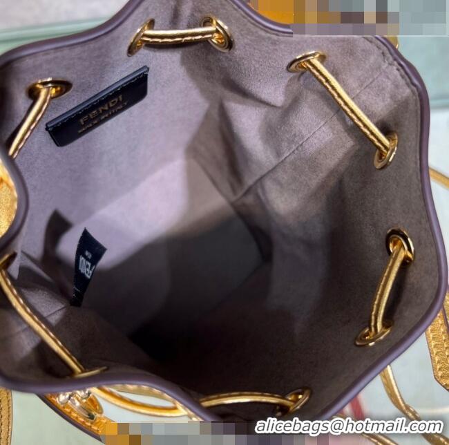 New Fashion Fendi Mon Tresor Leather Mini Bucket Bag with FENDI ROMA F15064 Gold 2023