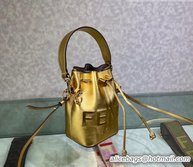 New Fashion Fendi Mon Tresor Leather Mini Bucket Bag with FENDI ROMA F15064 Gold 2023