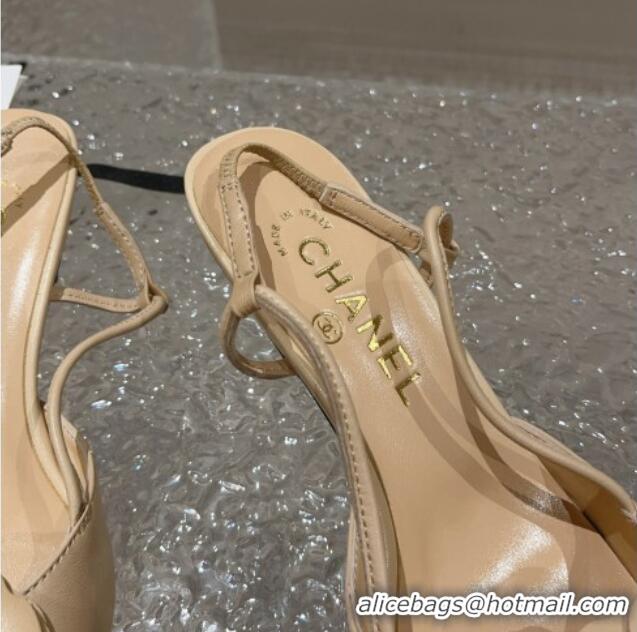 Popular Style Chanel Calfskin Slingback Pumps 5cm with Strap Bloom Beige 802050