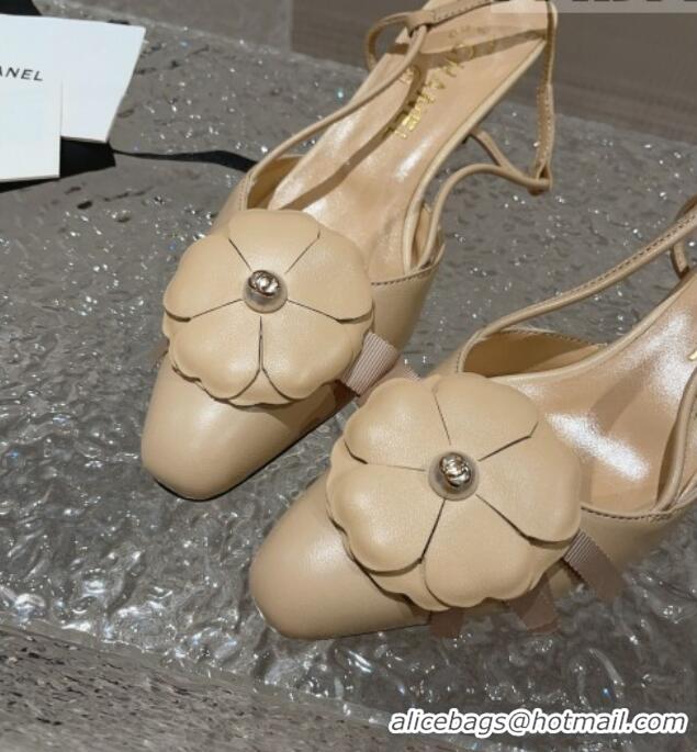 Popular Style Chanel Calfskin Slingback Pumps 5cm with Strap Bloom Beige 802050