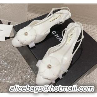 Good Quality Chanel Calfskin Slingback Pumps 5cm with Strap Bloom White 802051