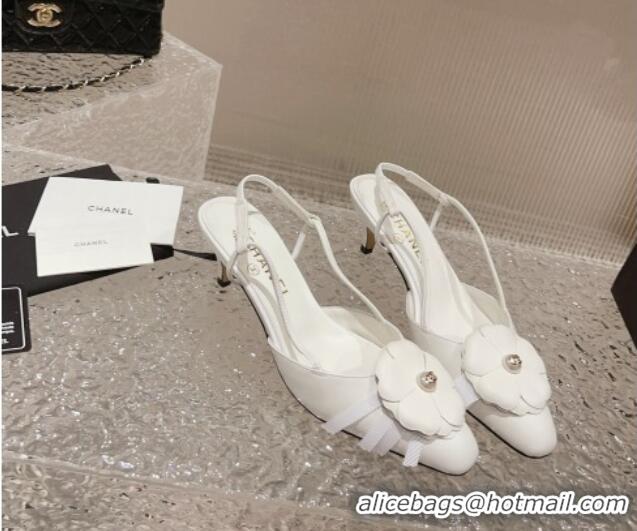 Good Quality Chanel Calfskin Slingback Pumps 5cm with Strap Bloom White 802051