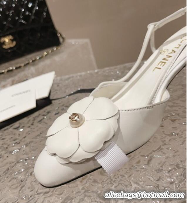 Good Quality Chanel Calfskin Slingback Pumps 5cm with Strap Bloom White 802051