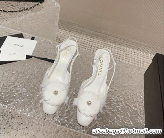 Good Quality Chanel Calfskin Slingback Pumps 5cm with Strap Bloom White 802051