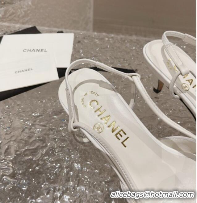 Good Quality Chanel Calfskin Slingback Pumps 5cm with Strap Bloom White 802051