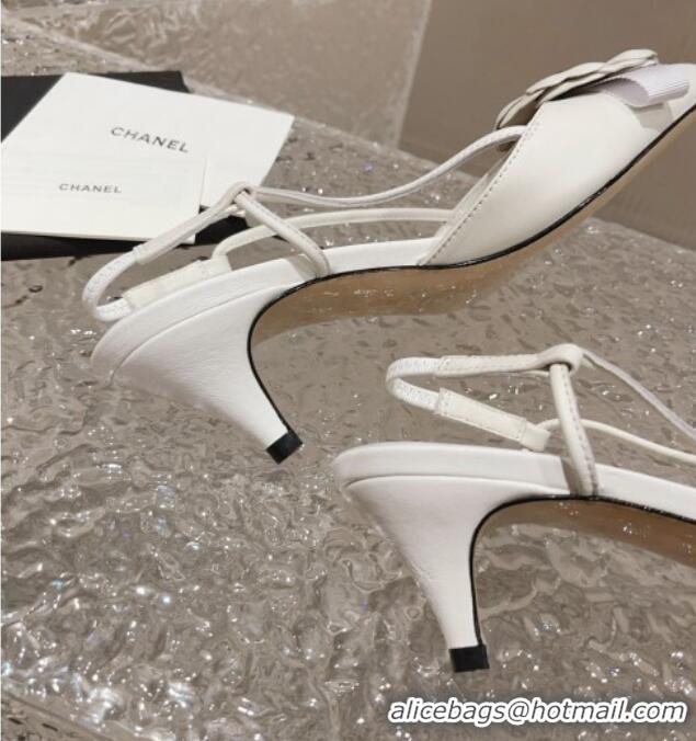 Good Quality Chanel Calfskin Slingback Pumps 5cm with Strap Bloom White 802051