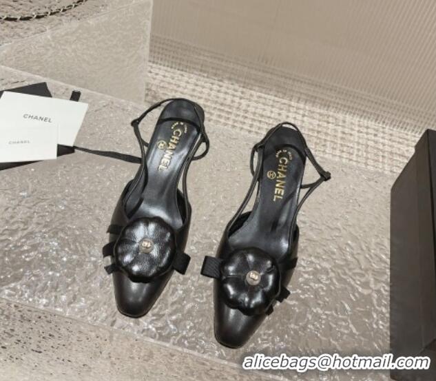 Best Grade Chanel Calfskin Slingback Pumps 5cm with Strap Bloom Black 802052