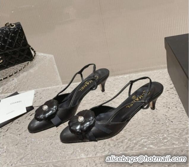 Best Grade Chanel Calfskin Slingback Pumps 5cm with Strap Bloom Black 802052