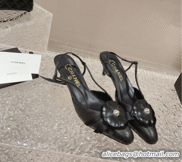 Best Grade Chanel Calfskin Slingback Pumps 5cm with Strap Bloom Black 802052