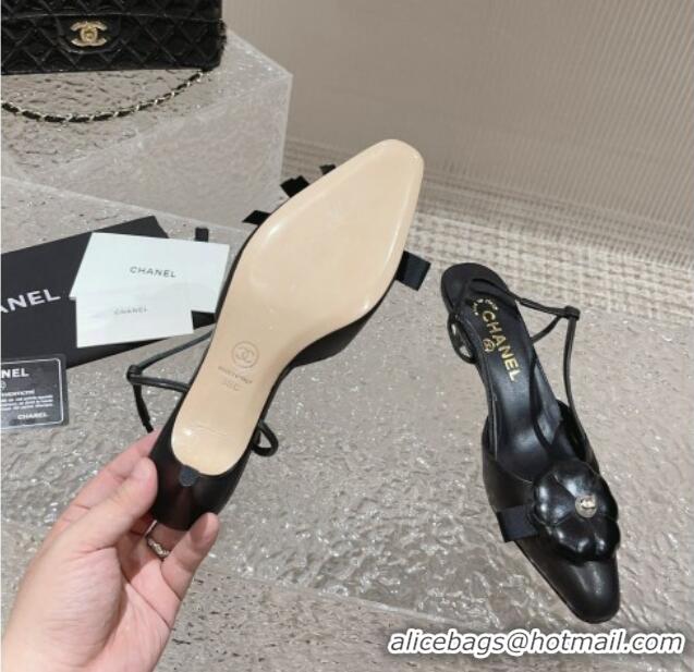 Best Grade Chanel Calfskin Slingback Pumps 5cm with Strap Bloom Black 802052