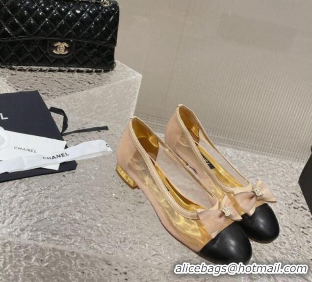 Pretty Style Chanel Mesh & Calfskin Ballet Flat with Bow Beige 802053