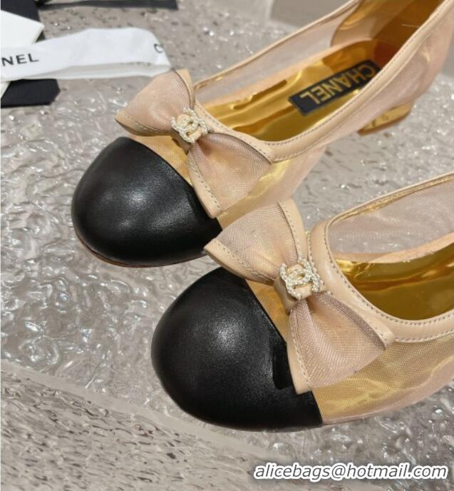 Pretty Style Chanel Mesh & Calfskin Ballet Flat with Bow Beige 802053