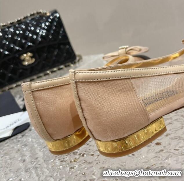 Pretty Style Chanel Mesh & Calfskin Ballet Flat with Bow Beige 802053