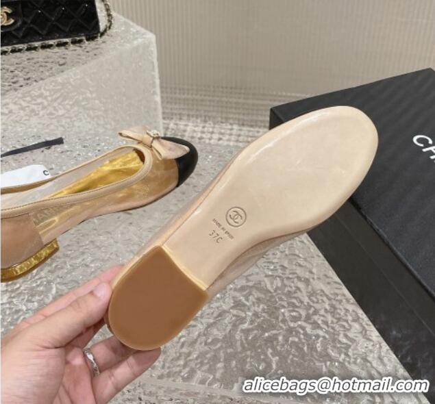 Pretty Style Chanel Mesh & Calfskin Ballet Flat with Bow Beige 802053