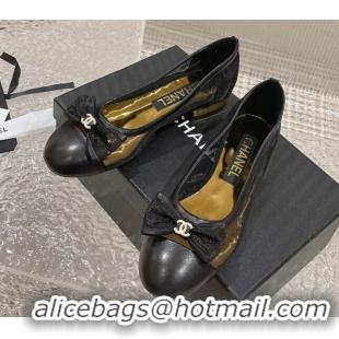 Grade Quality Chanel Mesh & Calfskin Ballet Flat with Bow Black 802054