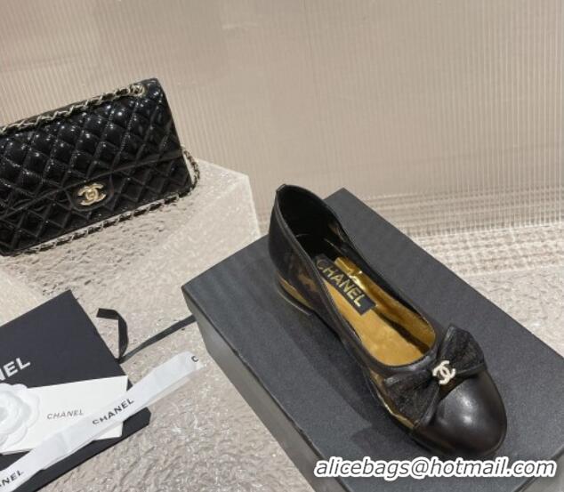 Grade Quality Chanel Mesh & Calfskin Ballet Flat with Bow Black 802054