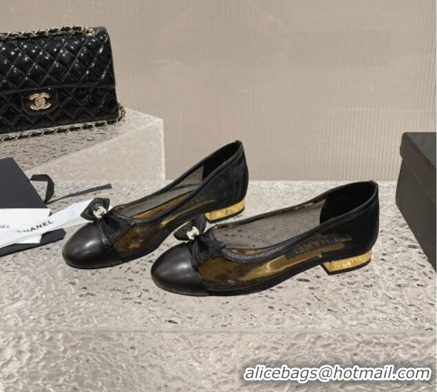 Grade Quality Chanel Mesh & Calfskin Ballet Flat with Bow Black 802054