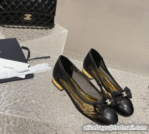 Grade Quality Chanel Mesh & Calfskin Ballet Flat with Bow Black 802054