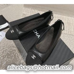 Unique Style Chanel Calfskin & Grosgrain Ballet Flat with Back Bow Black 802055