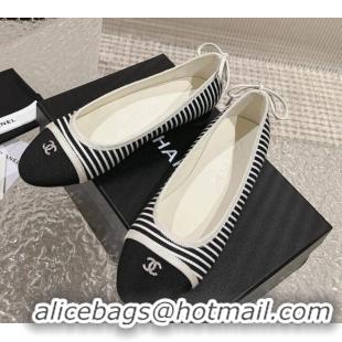 Best Product Chanel Striped Canvas & Grosgrain Ballet Flat with Back Bow White/Black 802056