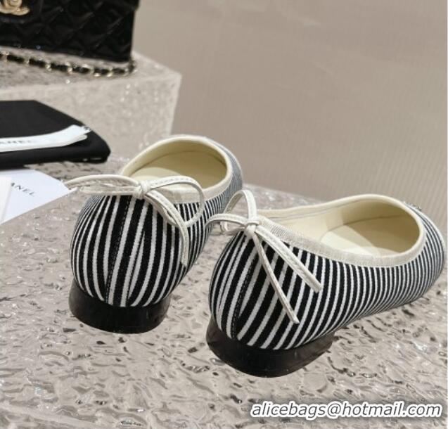 Best Product Chanel Striped Canvas & Grosgrain Ballet Flat with Back Bow White/Black 802056