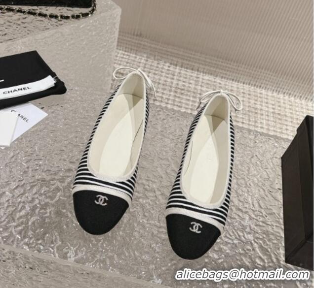 Best Product Chanel Striped Canvas & Grosgrain Ballet Flat with Back Bow White/Black 802056