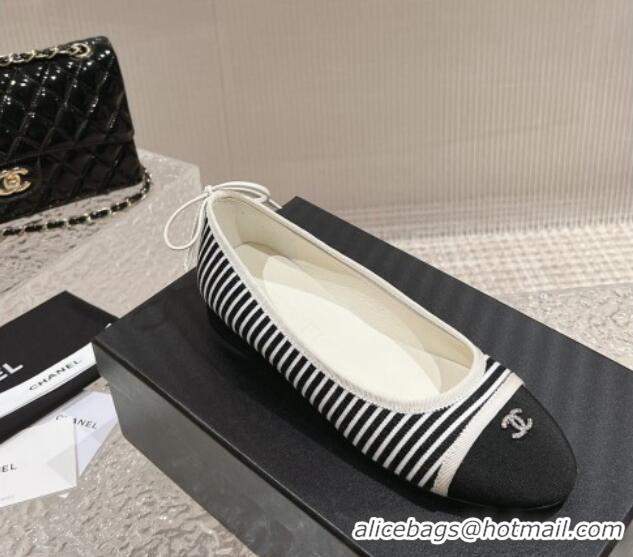 Best Product Chanel Striped Canvas & Grosgrain Ballet Flat with Back Bow White/Black 802056