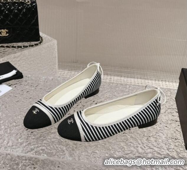 Best Product Chanel Striped Canvas & Grosgrain Ballet Flat with Back Bow White/Black 802056