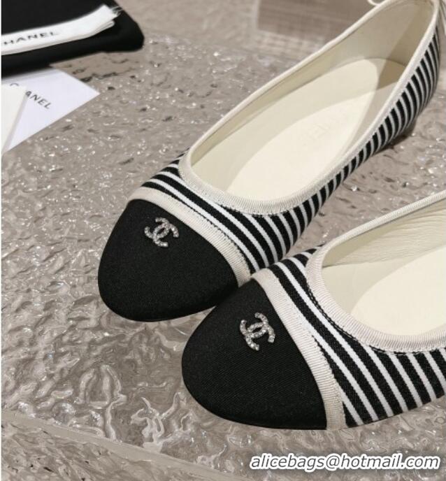 Best Product Chanel Striped Canvas & Grosgrain Ballet Flat with Back Bow White/Black 802056