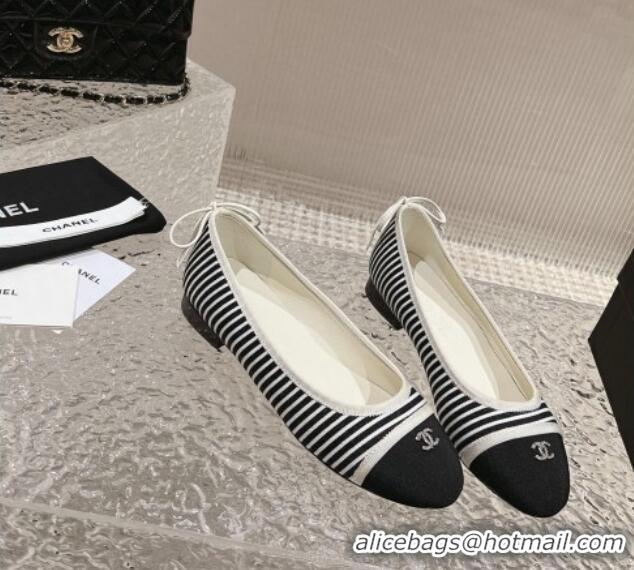 Best Product Chanel Striped Canvas & Grosgrain Ballet Flat with Back Bow White/Black 802056