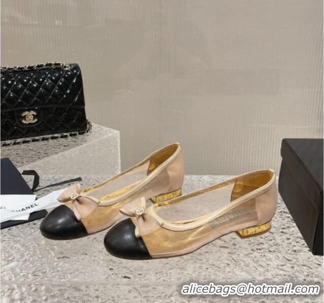 Good Product Chanel Calfskin & Grosgrain Ballet Flat with Back Bow Gold 802057