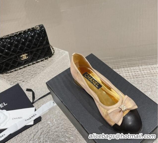 Good Product Chanel Calfskin & Grosgrain Ballet Flat with Back Bow Gold 802057