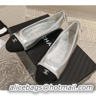 1:1 aaaaa Chanel Calfskin & Grosgrain Ballet Flat with Back Bow Silver 802058