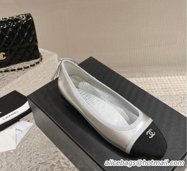 1:1 aaaaa Chanel Calfskin & Grosgrain Ballet Flat with Back Bow Silver 802058