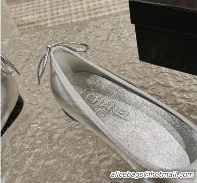 1:1 aaaaa Chanel Calfskin & Grosgrain Ballet Flat with Back Bow Silver 802058