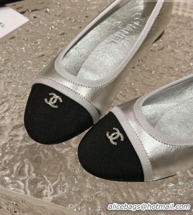 1:1 aaaaa Chanel Calfskin & Grosgrain Ballet Flat with Back Bow Silver 802058