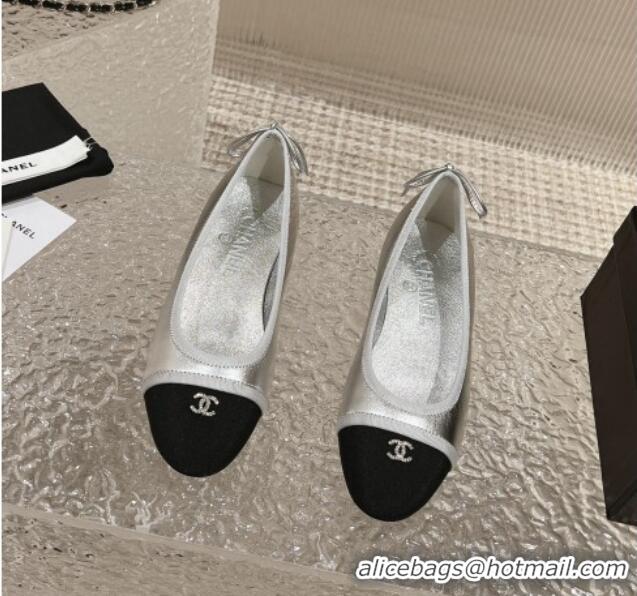 1:1 aaaaa Chanel Calfskin & Grosgrain Ballet Flat with Back Bow Silver 802058