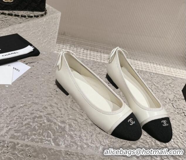 Sumptuous Chanel Calfskin & Grosgrain Ballet Flat with Back Bow White 802060