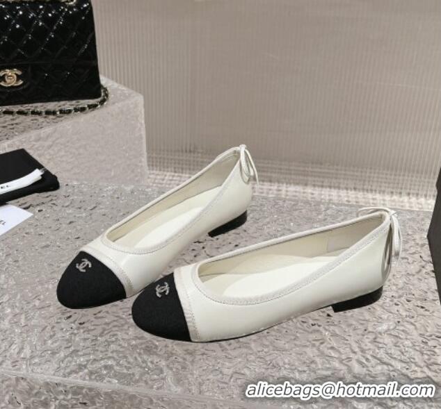 Sumptuous Chanel Calfskin & Grosgrain Ballet Flat with Back Bow White 802060