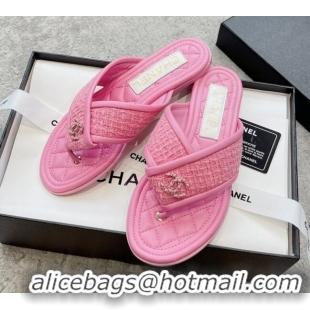 Good Looking Chanel Tweed Flat Thong Slide Sandals Pink 238205