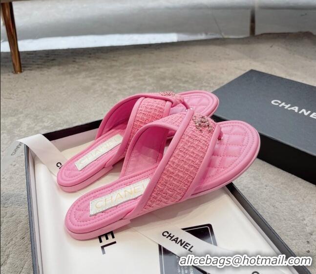 Good Looking Chanel Tweed Flat Thong Slide Sandals Pink 238205